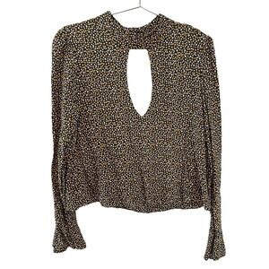 FREE PEOPLE High Neck Keyhole Long Sleeve Blouse • Medium • green yellow white